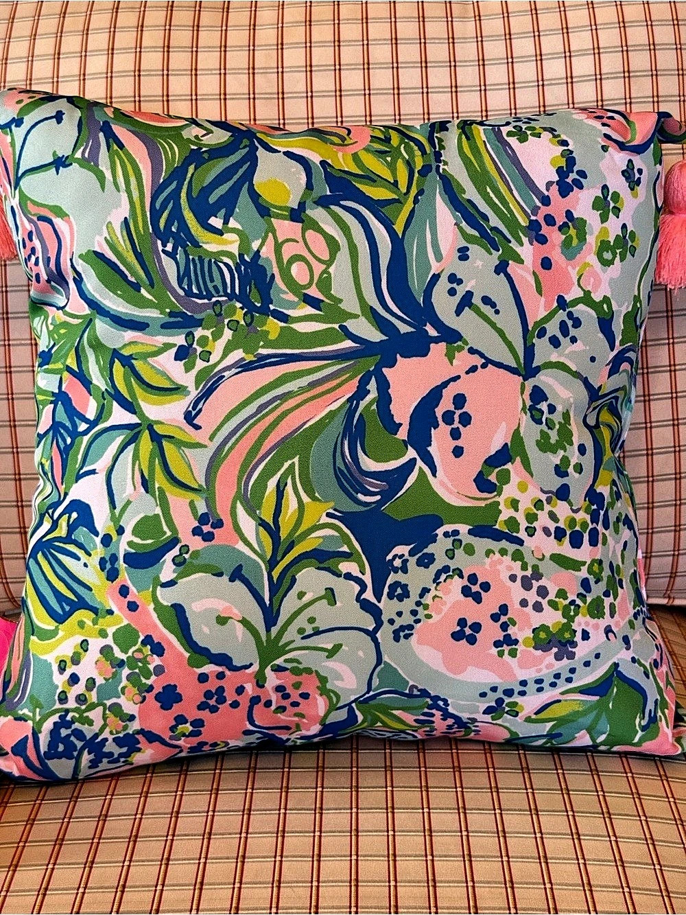 Lilly Pulitzer Floral Tassel Accent Pillow in Blue & Pink Like New